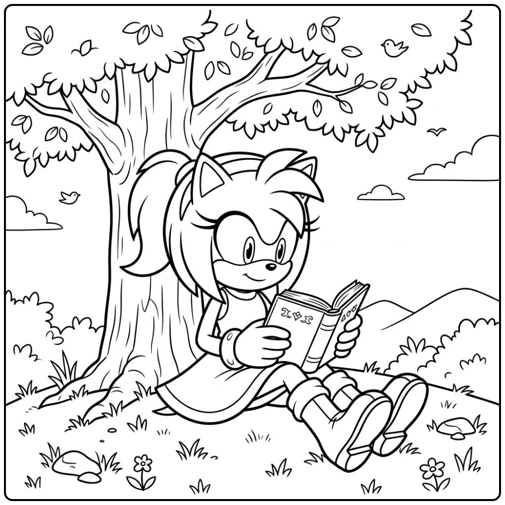 Quiet Amy Rose Reading a Book Under a Tree coloring page