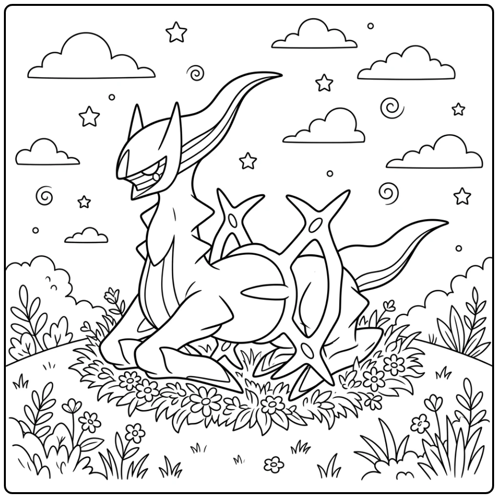 Quiet Pokemon Arceus in a Heavenly Landscape coloring page