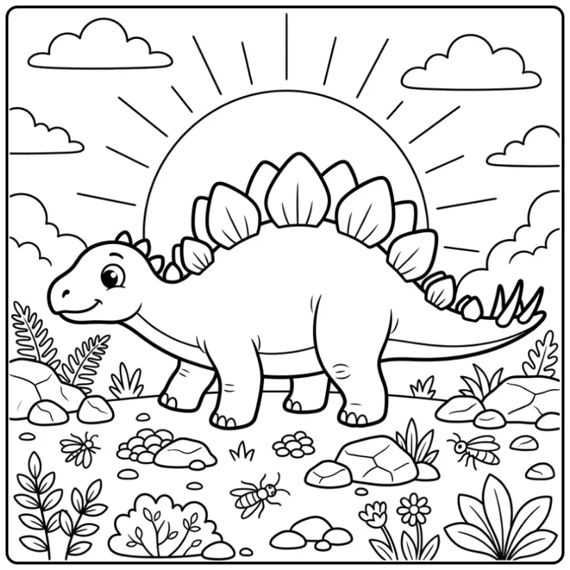 Quiet Stegosaurus Dinosaur Setting Sun coloring page