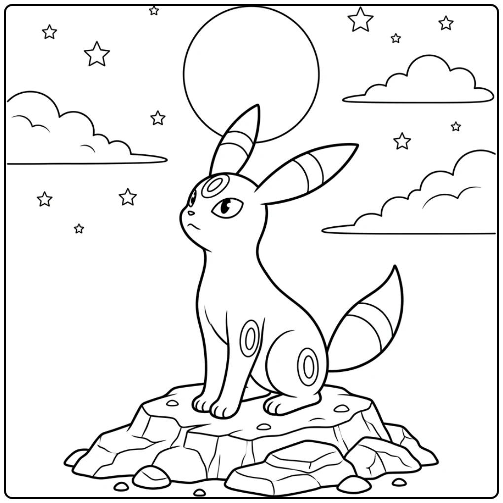 Quiet Umbreon Under Full Moon at Nighttime Sky coloring page