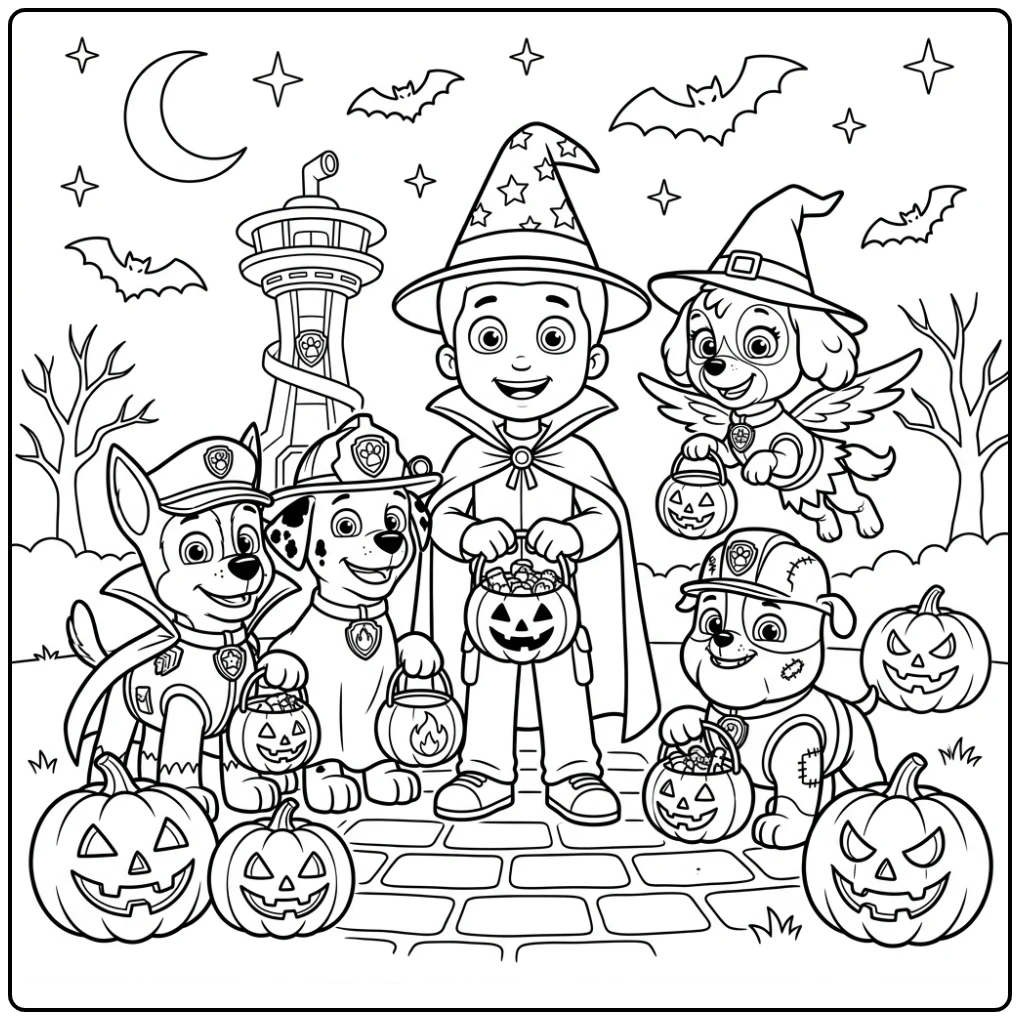 Ryder and the Paw Patrol Adventure on Halloween coloring page