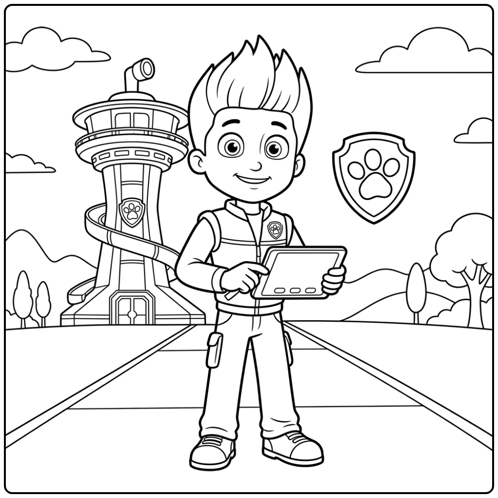 Ryder and His Tablet Easy Paw Patrol coloring page