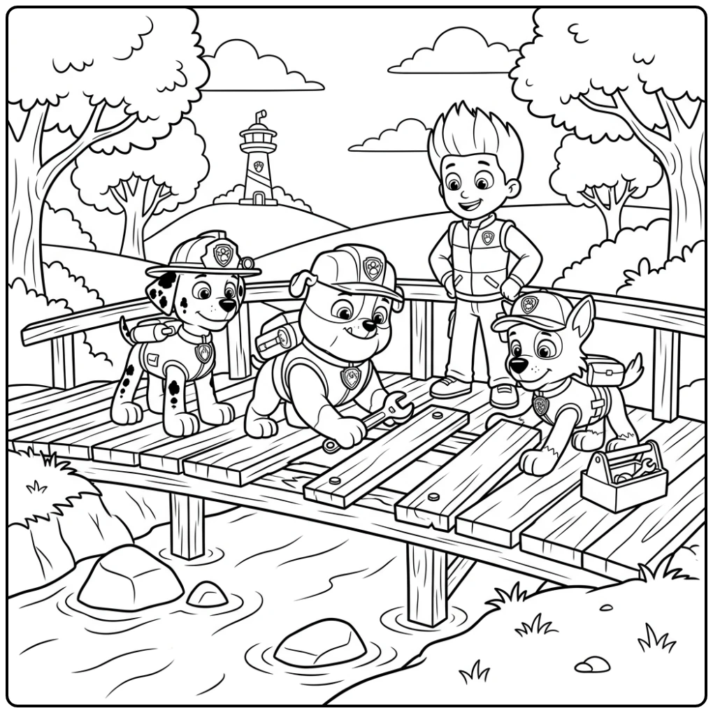 Teamwork Paw Patrol Rubble in Action with the Bridge coloring page