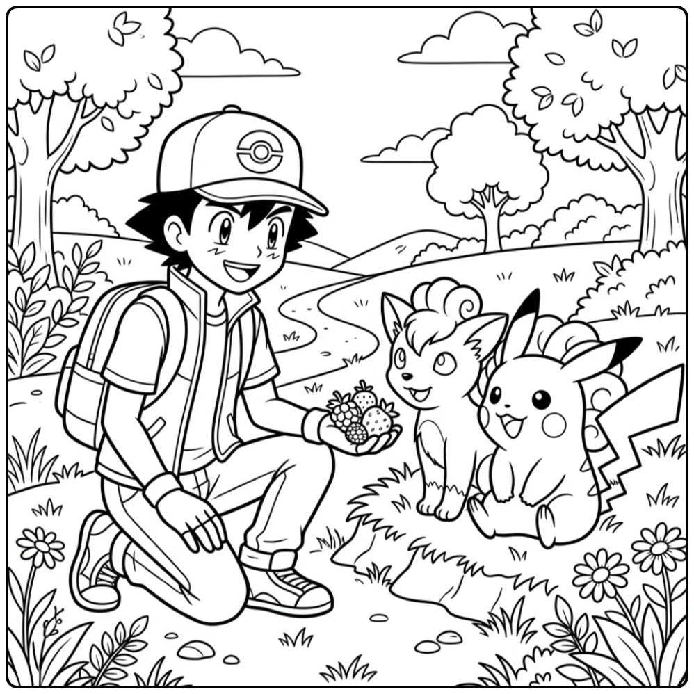 Ash Sharing Berries with Pikachu coloring page