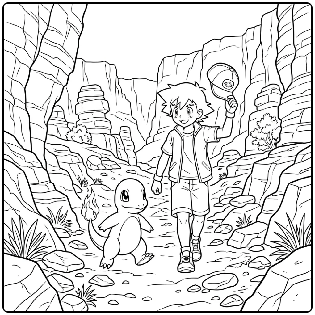 Ash and Active Charmander in the Rocky Gorge coloring page