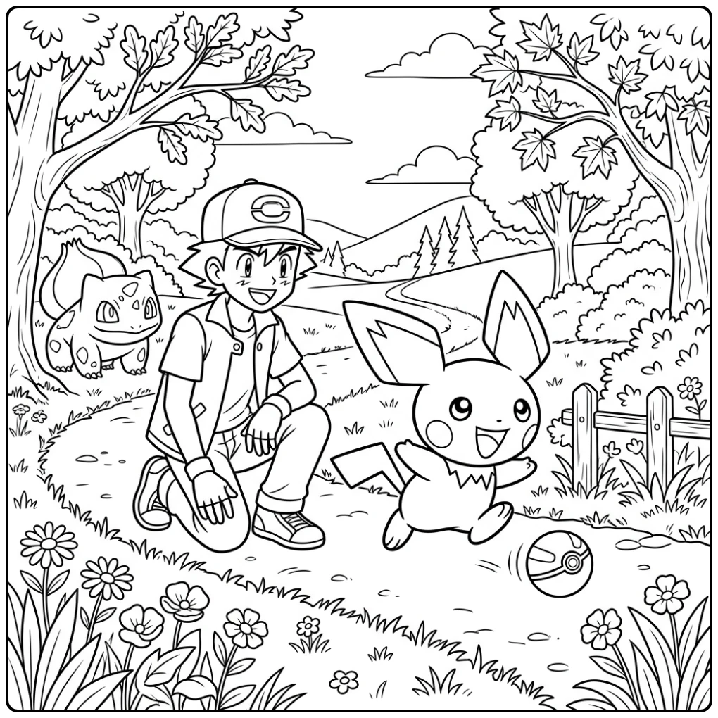Ash and Bulbasaur Watching Toward Pichu coloring page