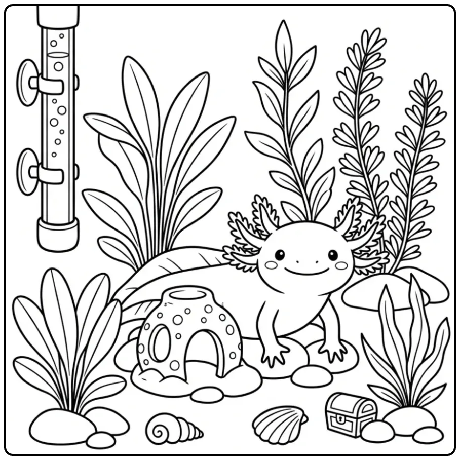 Cute Axolotl in an Aquarium coloring page
