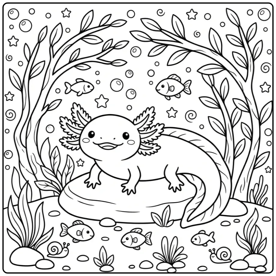 Cute Axolotl in an Underwater World coloring page