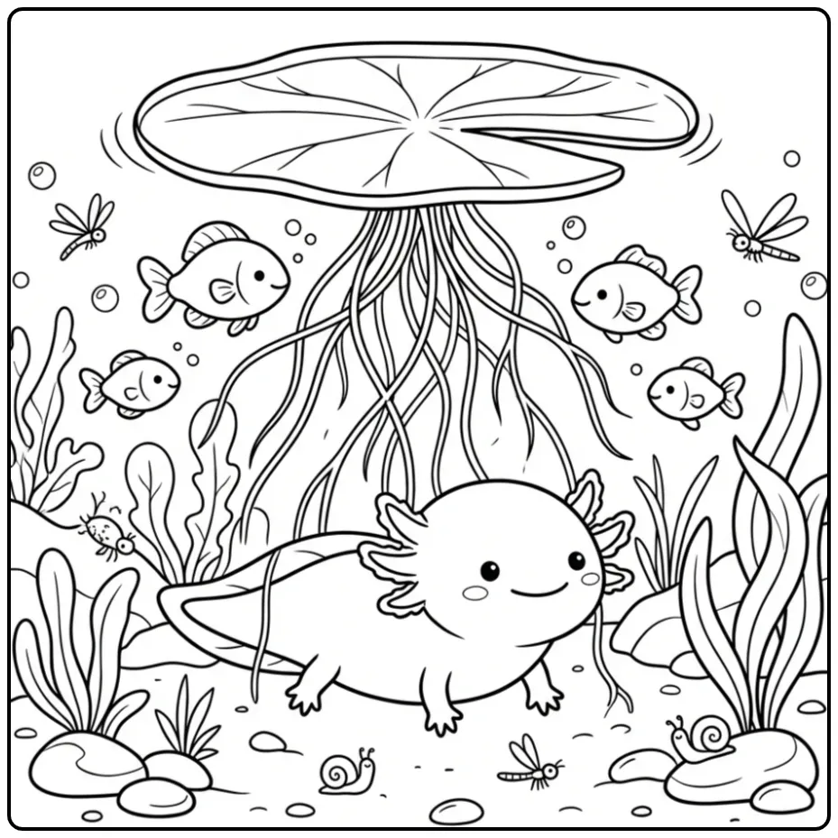 Cute Axolotl in a Pond Underwater coloring page