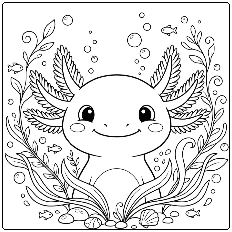 Cute Axolotl with Plants and Bubbles coloring page