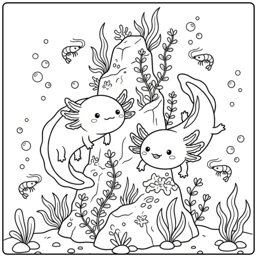Cute Axolotl with a Rock Formation coloring page