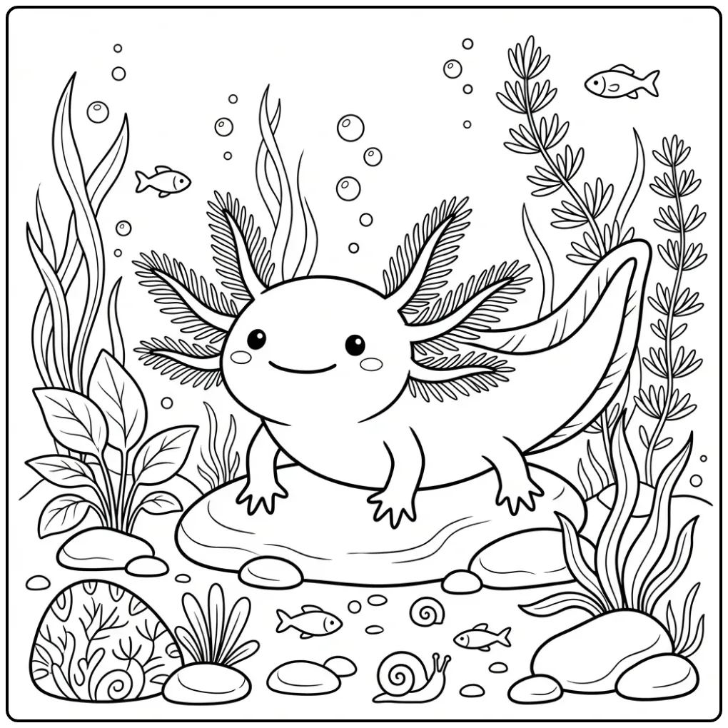 Cute Axolotl Among River Stones coloring page
