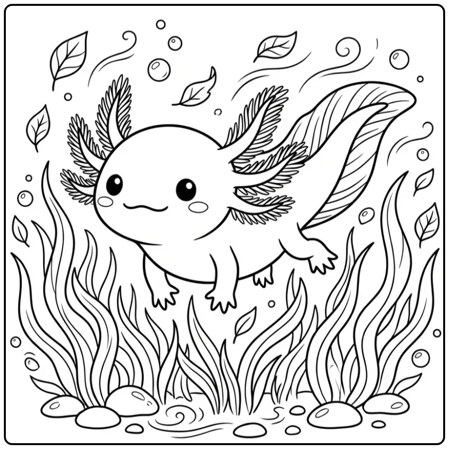 Cute Axolotl Among Water Grass coloring page