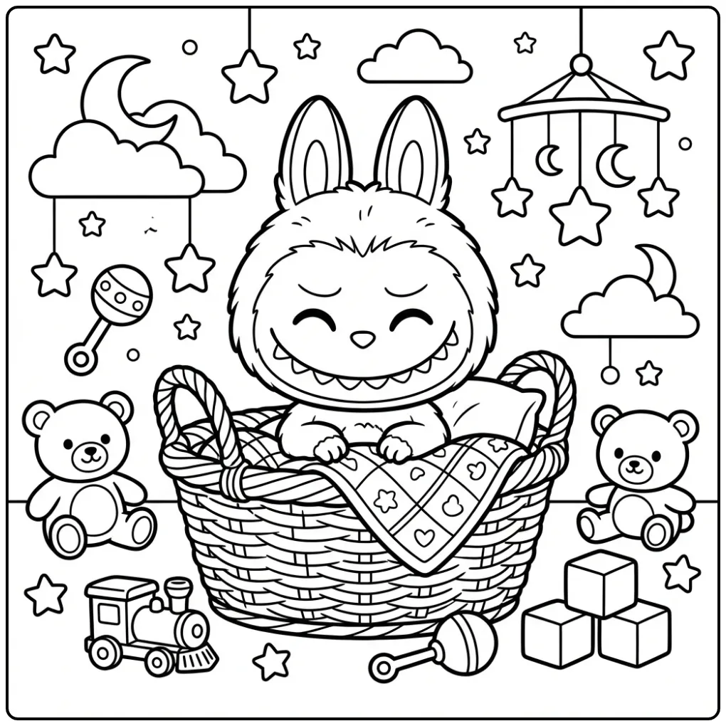 Cute Baby Labubu in Basket with Blanket coloring page
