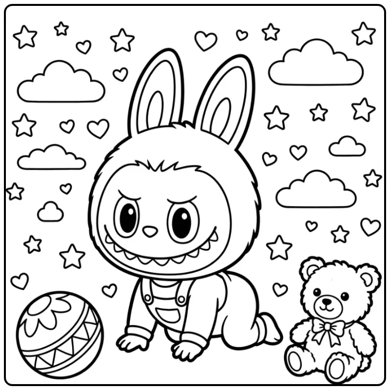 Cute Baby Labubu Bear and Ball coloring page