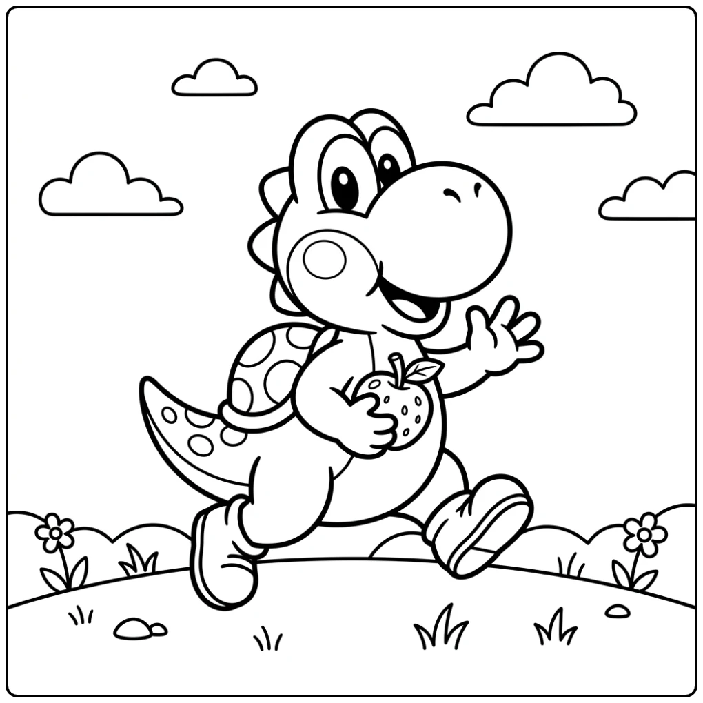 Cute Baby Yoshi Running with Fruit Fun coloring page