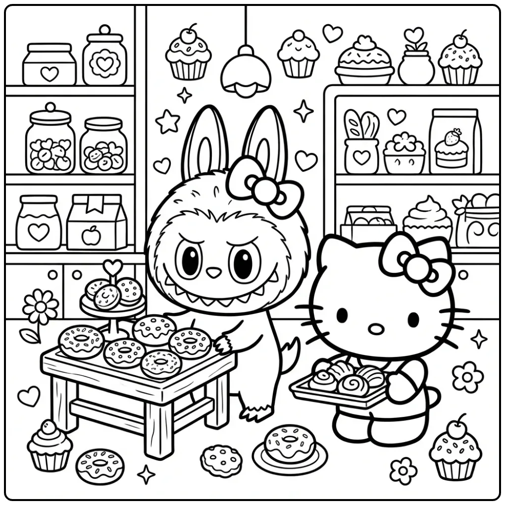 Cute Bakery Labubu and Hello Kitty coloring page