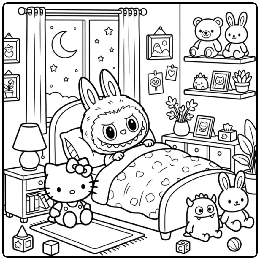 Cute Bedtime Labubu and Hello Kitty coloring page