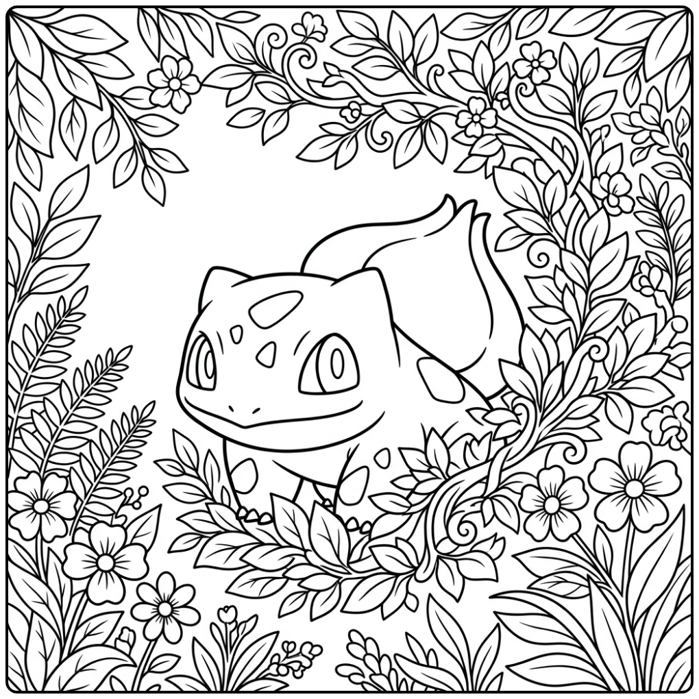 Cute Bulbasaur Leaves and Flowers 1 coloring page