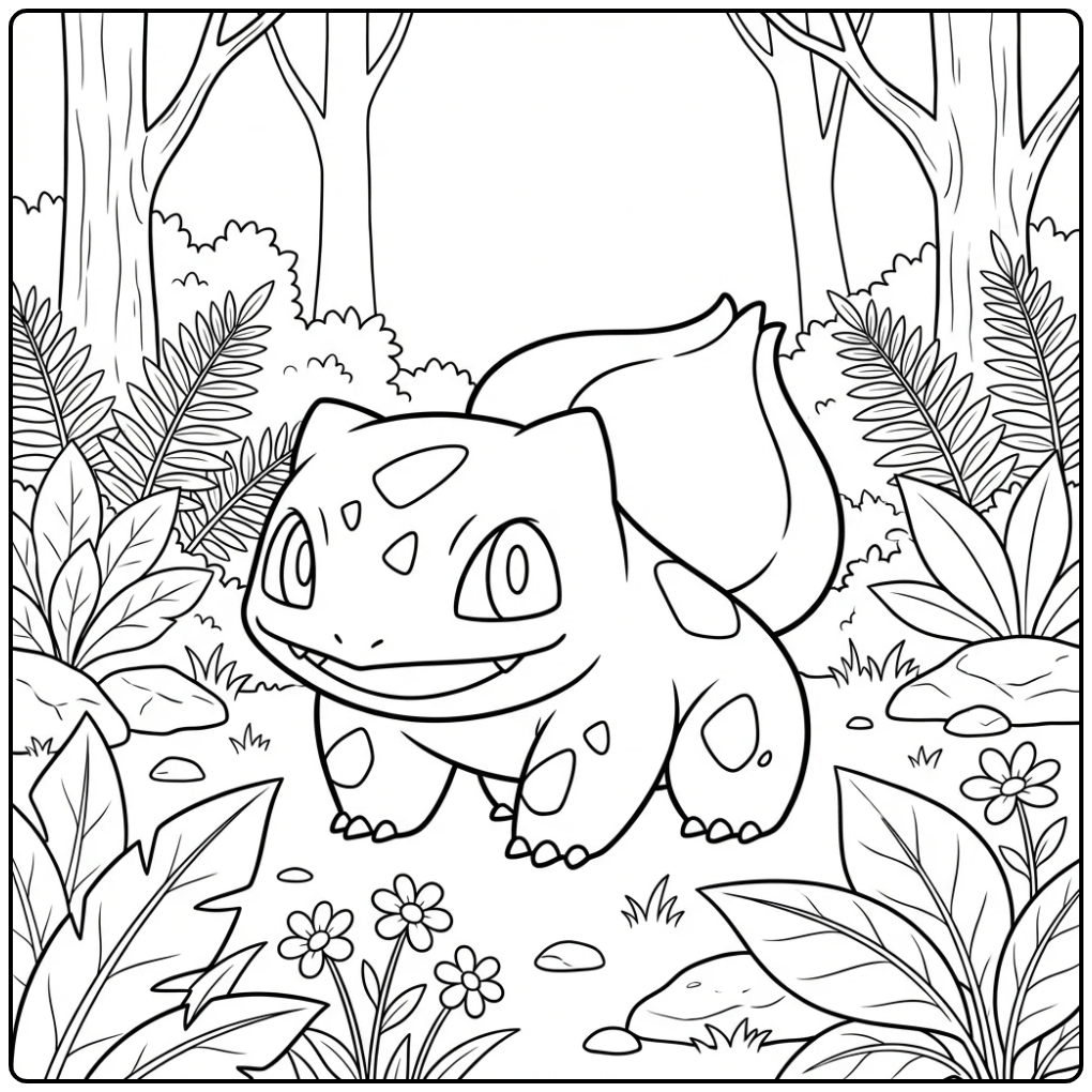 Cute Bulbasaur Leaves and Flowers coloring page
