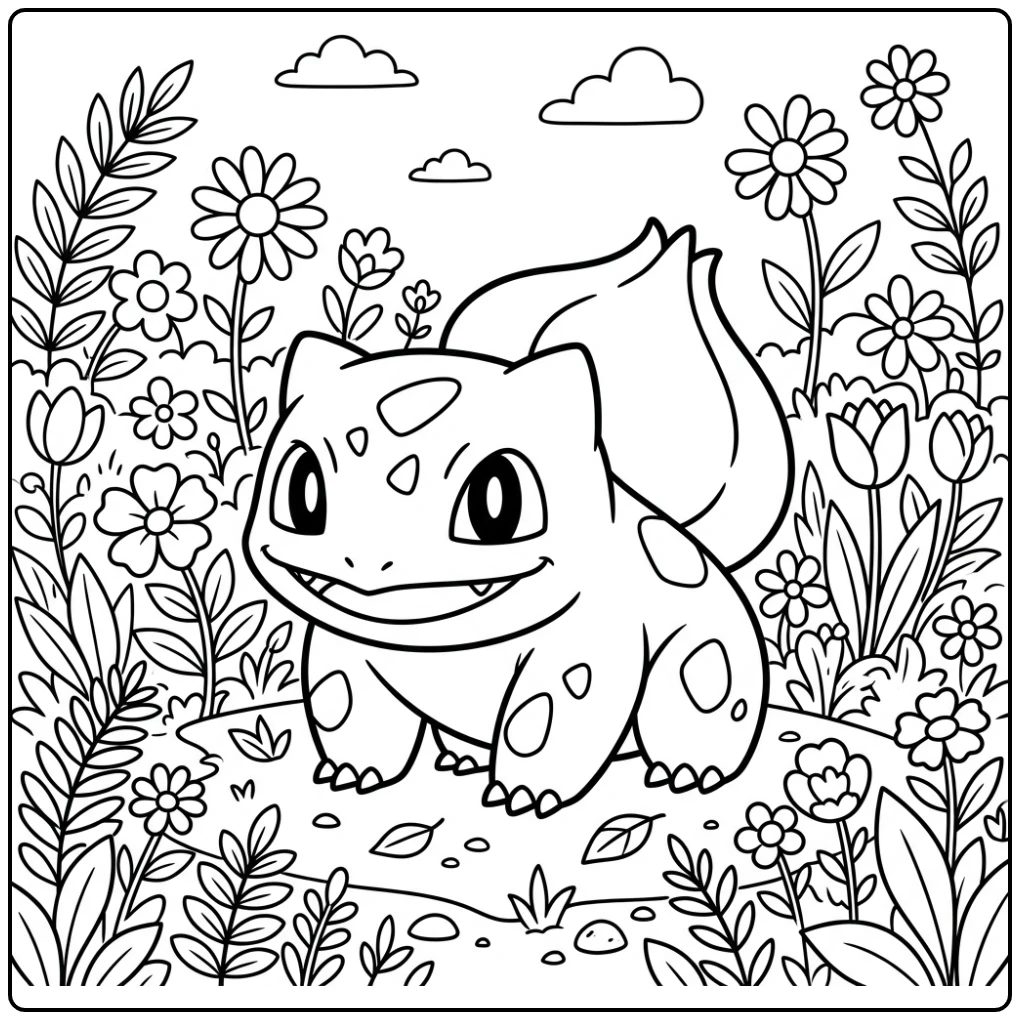Cute Bulbasaur Among the Plants coloring page