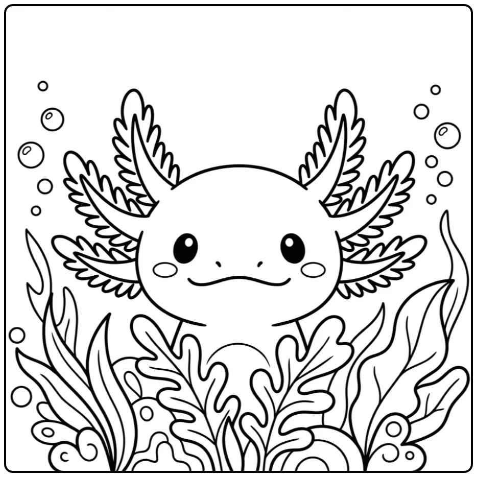 Cute Cartoon Axolotl Among the Plants coloring page
