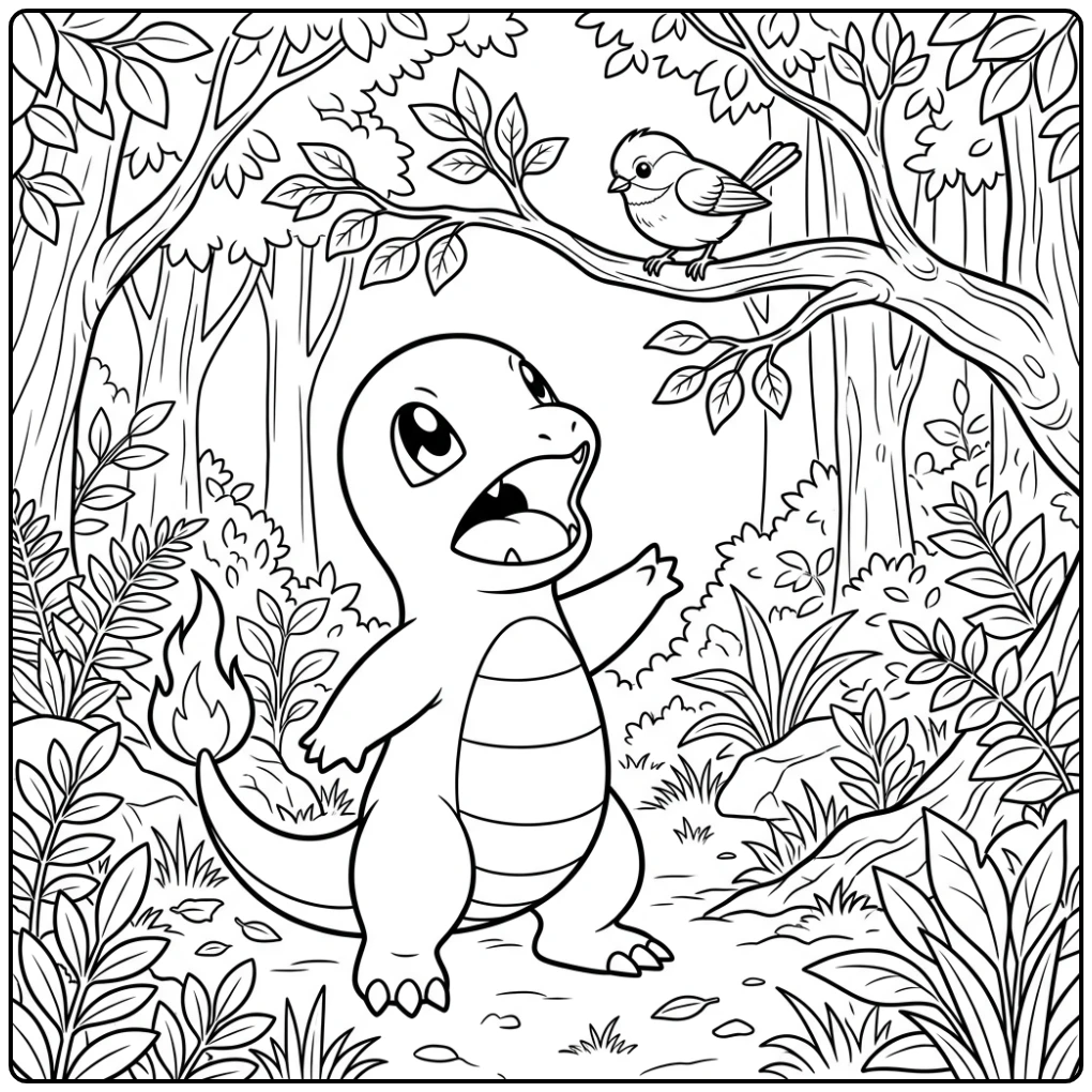Cute Charmander Bird on a Branch coloring page
