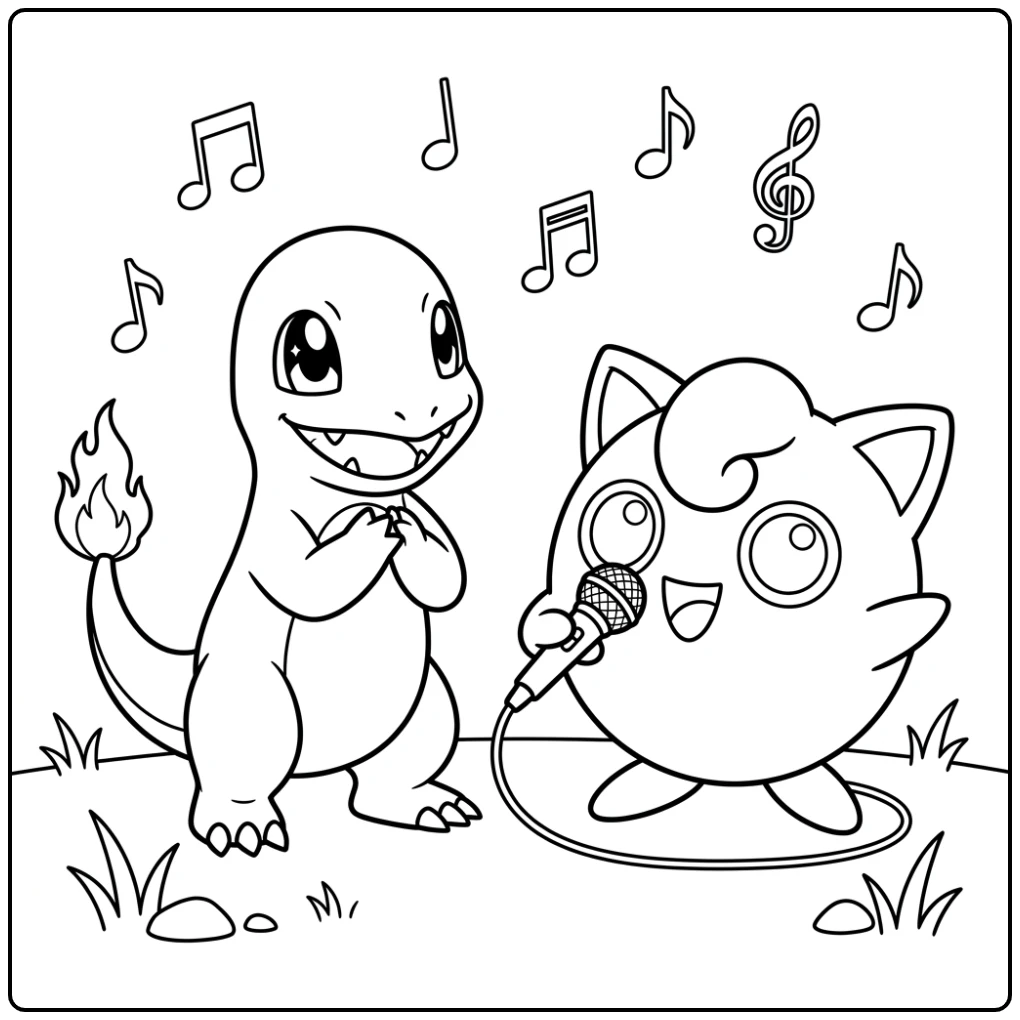 Cute Charmander Music and Jigglypuff coloring page
