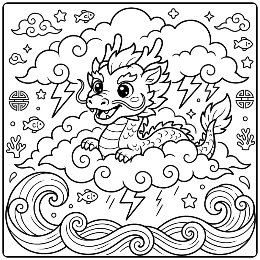 Cute Chinese Dragon Above the Sea coloring page