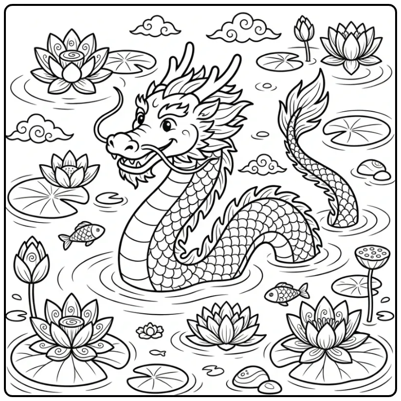 Cute Chinese Dragon in the Water coloring page