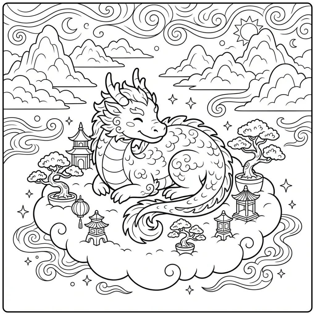 Cute Chinese Dragon with Graceful Trees coloring page