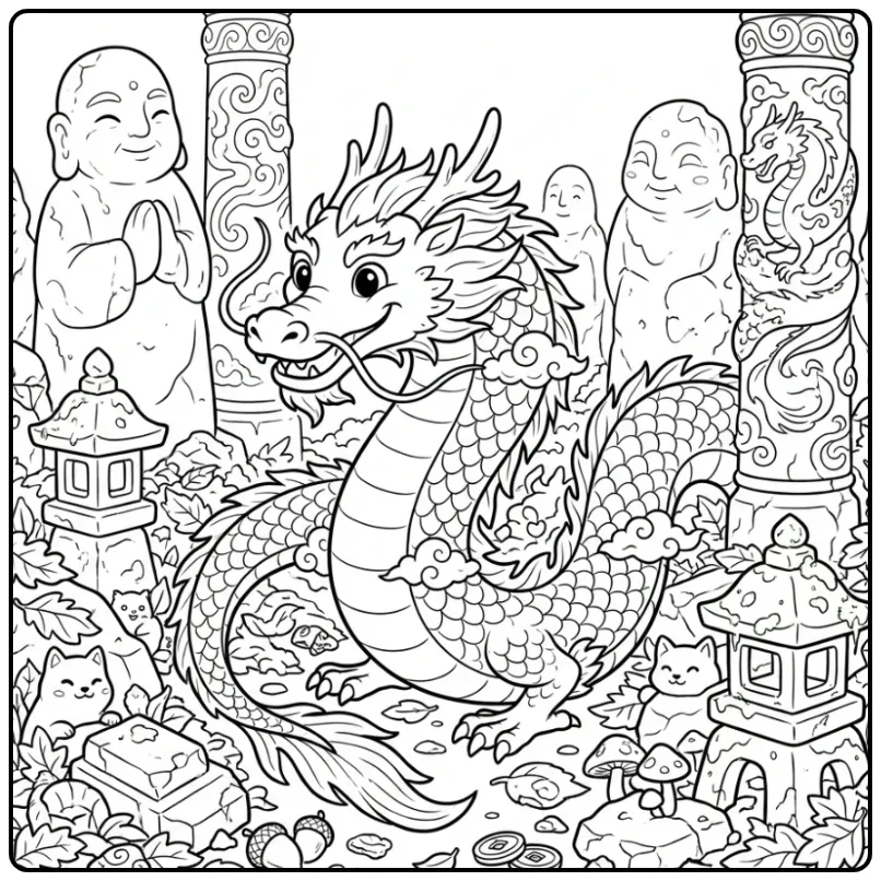 Cute Chinese Dragon Among Old Runes coloring page
