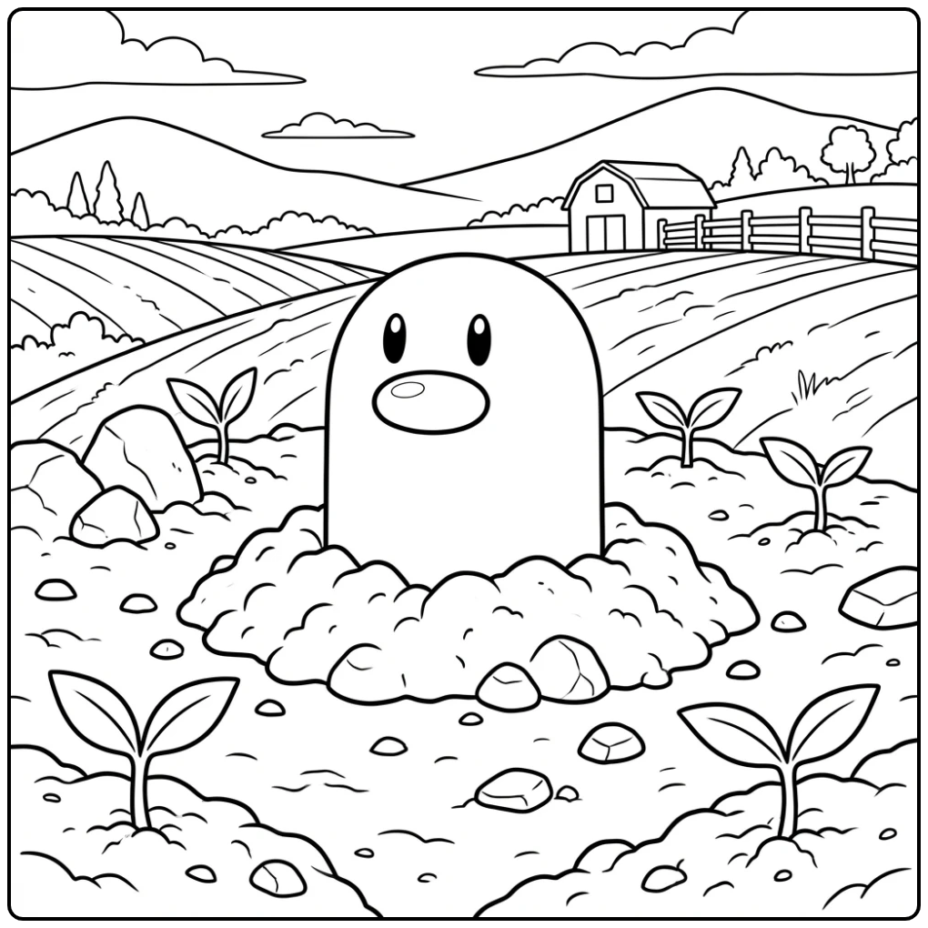 Cute Diglett in a Farm Field coloring page