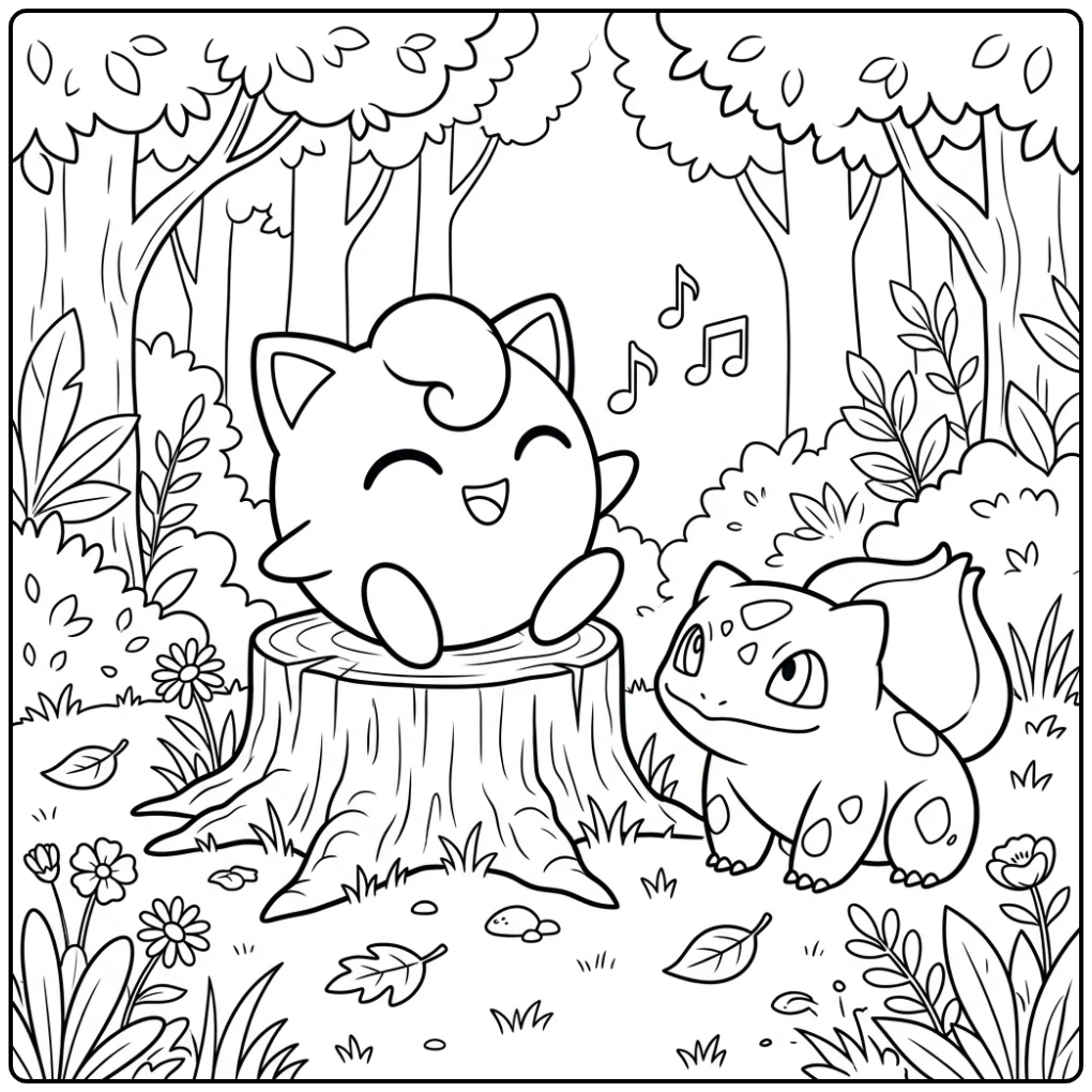 Cute Jigglypuff Singing for Bulbasaur coloring page