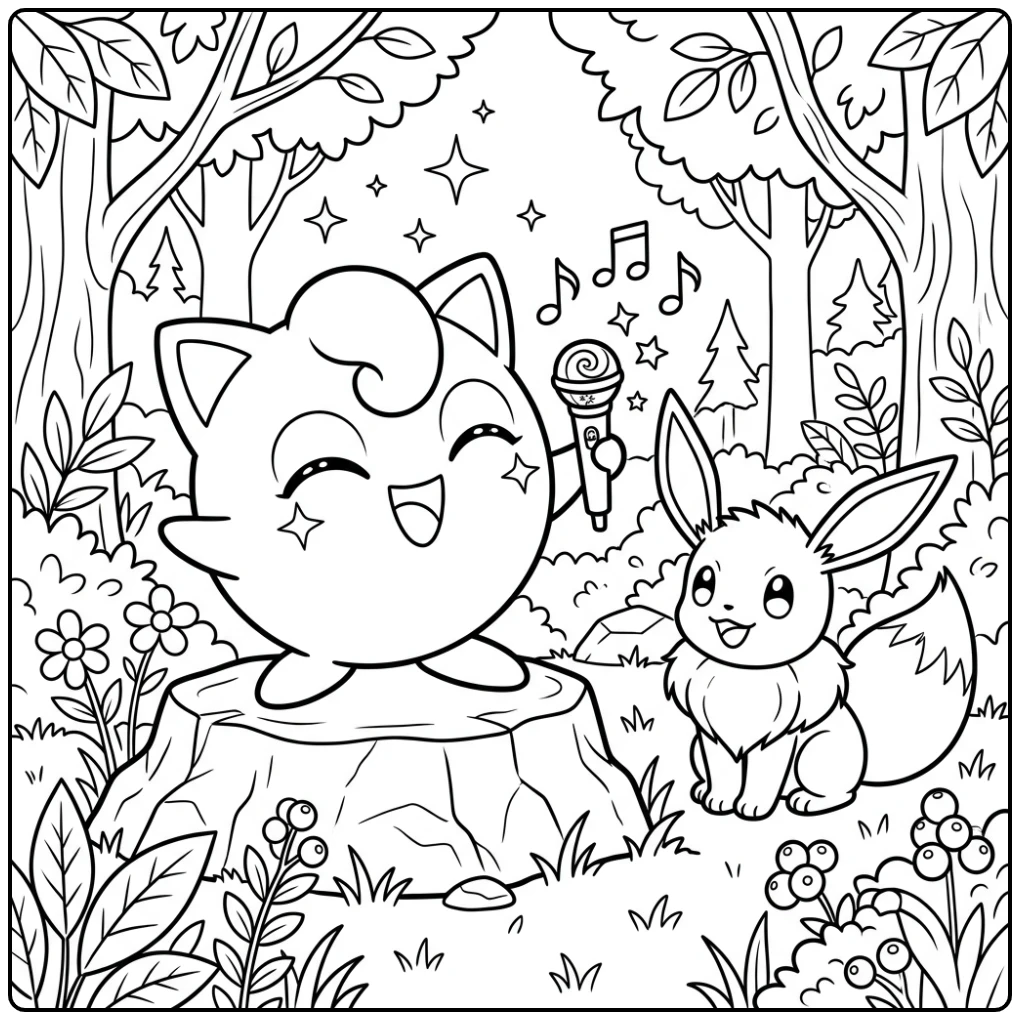 Cute Jigglypuff Singing for Eevee coloring page