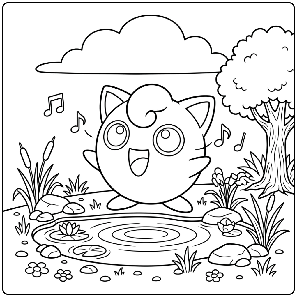 Cute Jigglypuff Singing for Psyduck coloring page