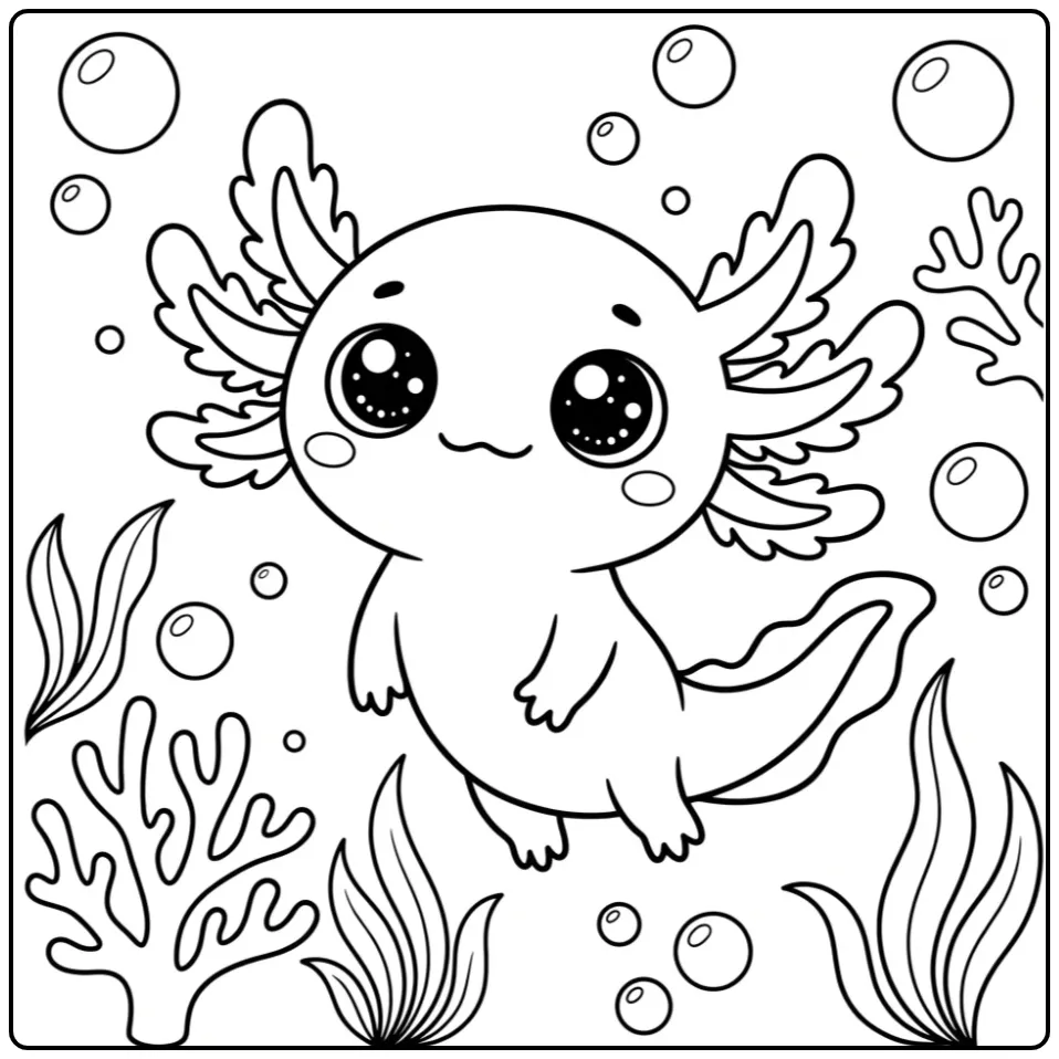 Cute Kawaii Axolotl Bubbles coloring page