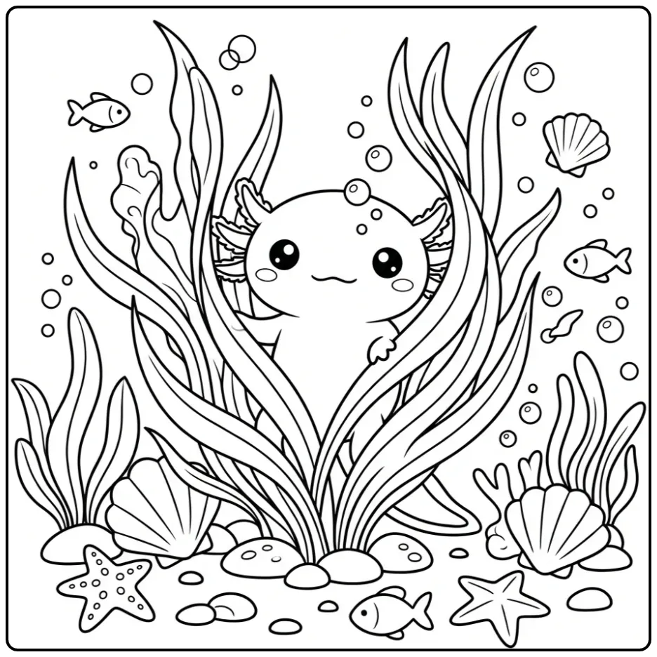 Cute Kawaii Axolotl with Water Plants coloring page