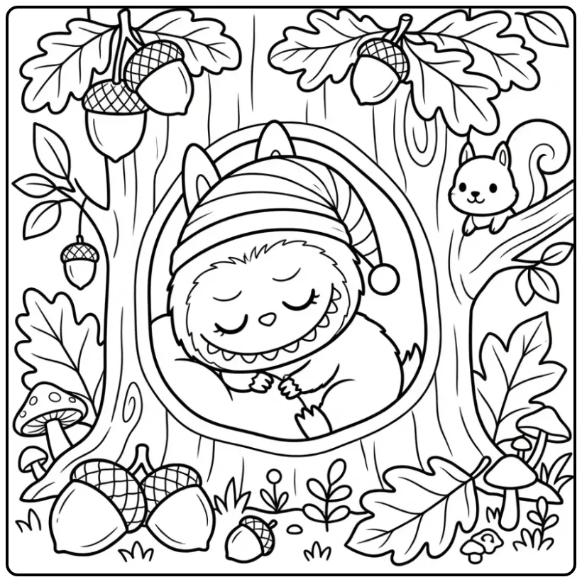 Cute Kawaii Labubu with a Squirrel in the Forest coloring page