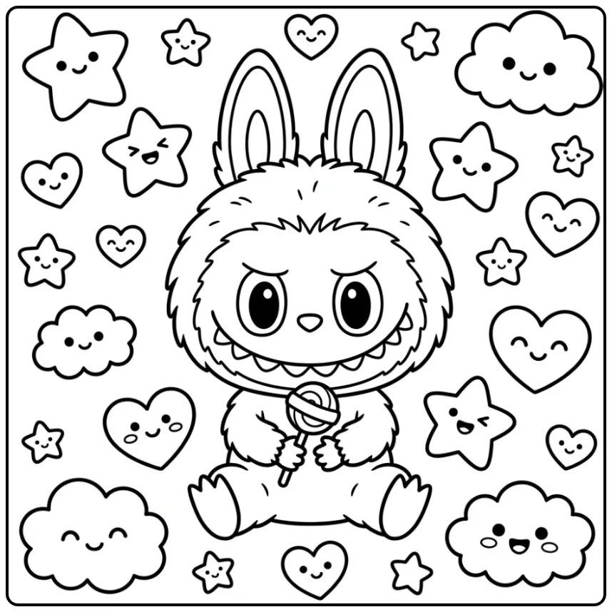 Cute Kawaii Labubu Stars and Candy coloring page