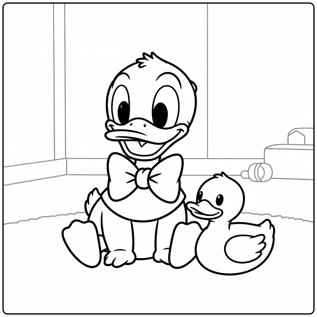 Cute Donald Duck Baby with Duckling and Bow coloring page