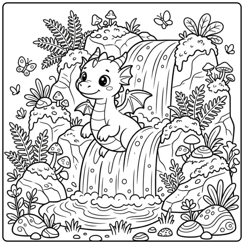 Cute Dragon Behind a Waterfall coloring page