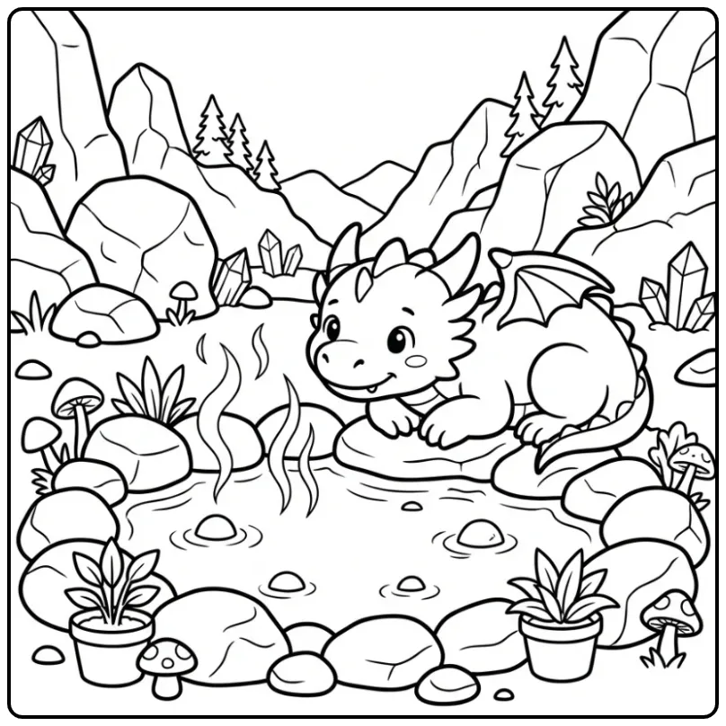 Cute Dragon by a Mountain Lake coloring page