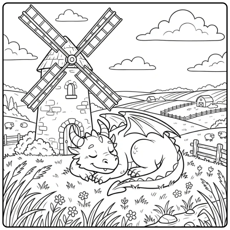 Cute Dragon and Windmill in the Grass coloring page