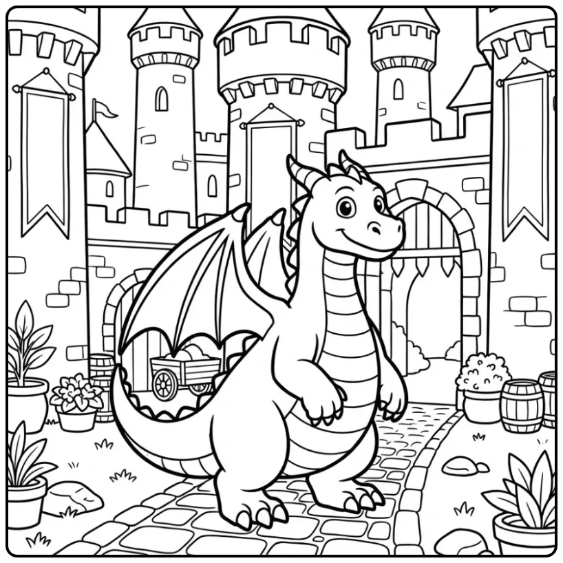 Cute Dragon in the Castle Garden coloring page