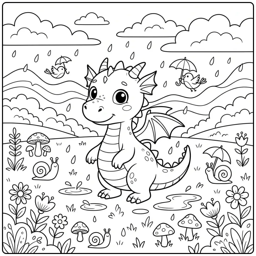 Cute Dragon in the Soft Rain coloring page