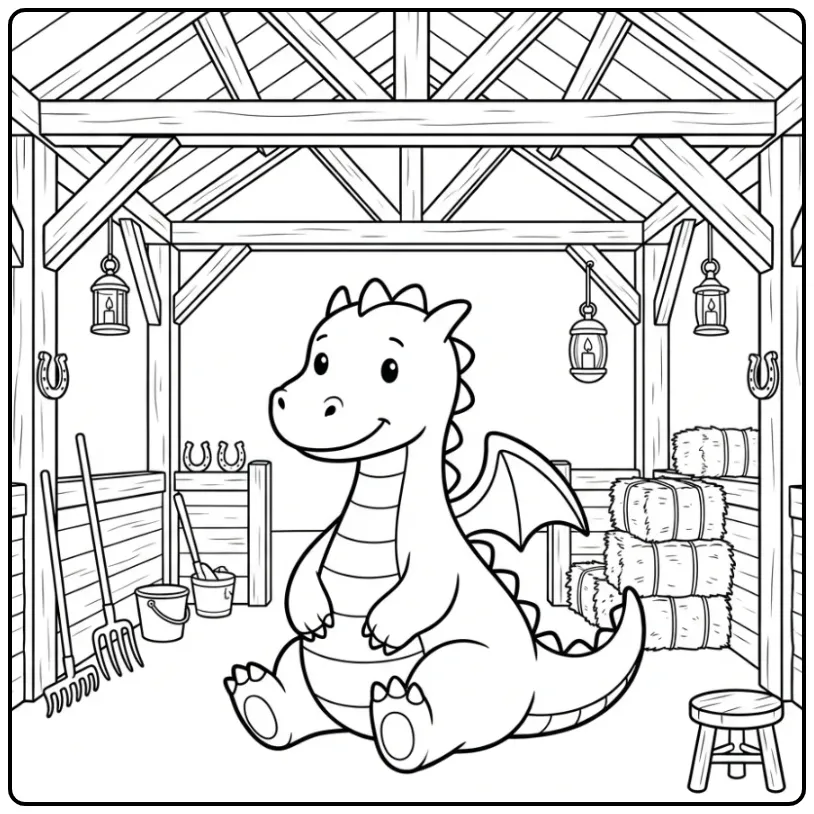Cute Dragon in a Big Wooden Barn coloring page