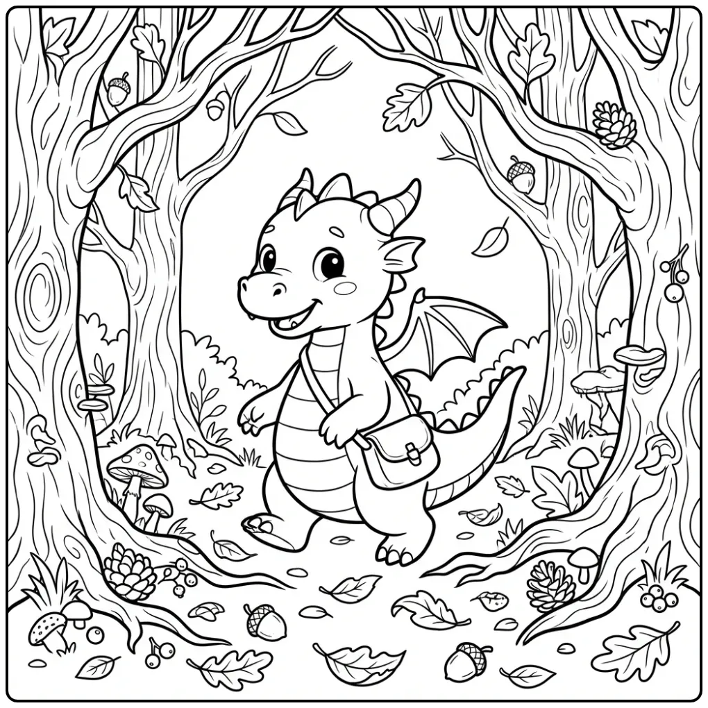 Cute Dragon in the Autumn Forest coloring page