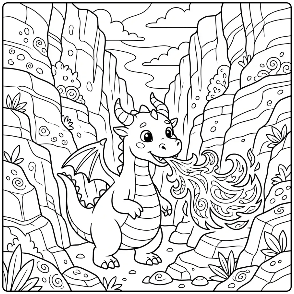 Cute Dragon with Fire in a Canyon coloring page