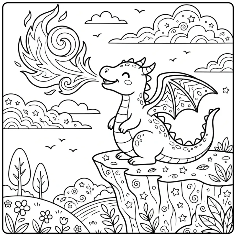 Cute Dragon with Fire on a Rock coloring page
